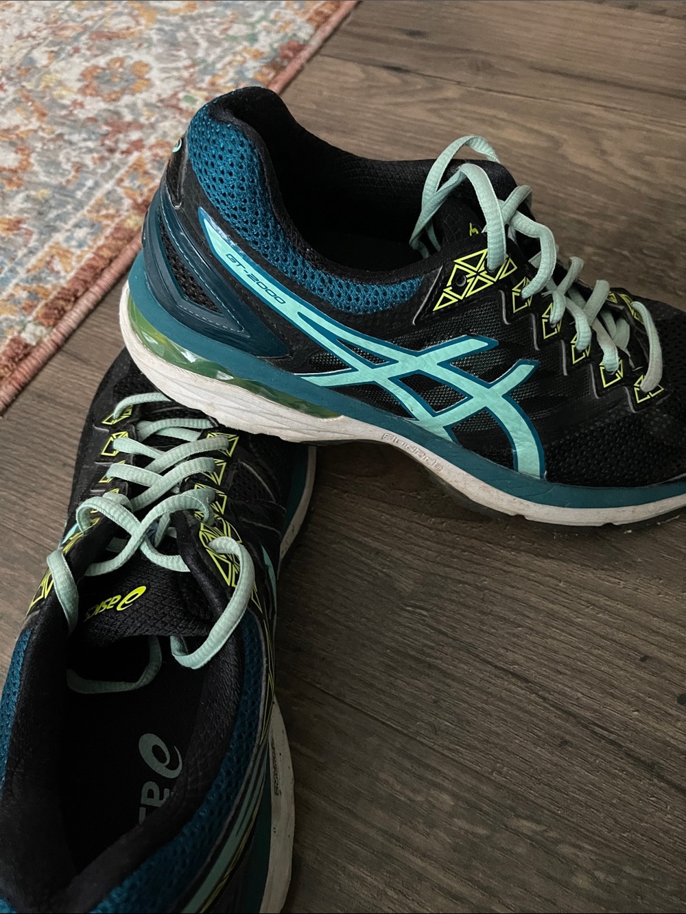 ASICS Black Teal Running Shoes with Yellow Accents